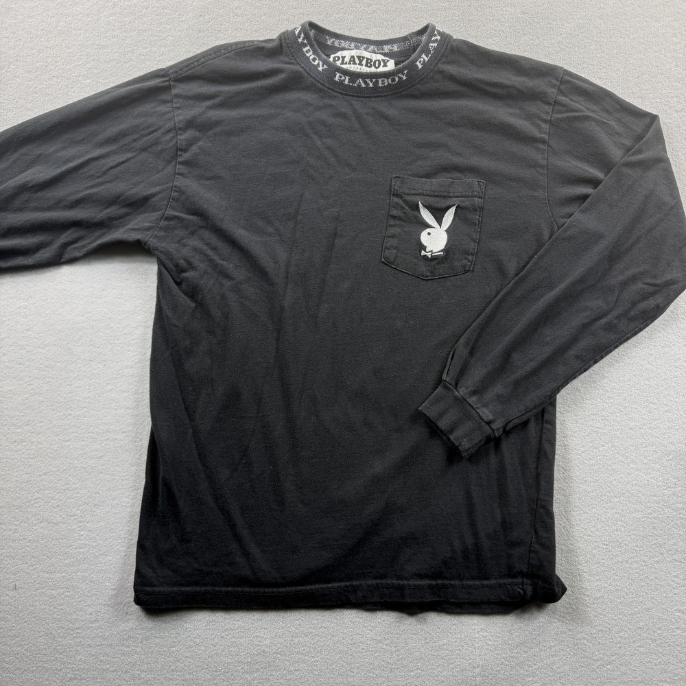 Playboy Pacsun Shirt‎ Mens Small Black Crewneck Long Sleeve Pocket Bunny Graphic
